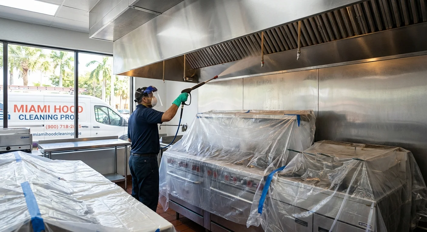 Commercial kitchen exhaust system being professionally cleaned in Miami