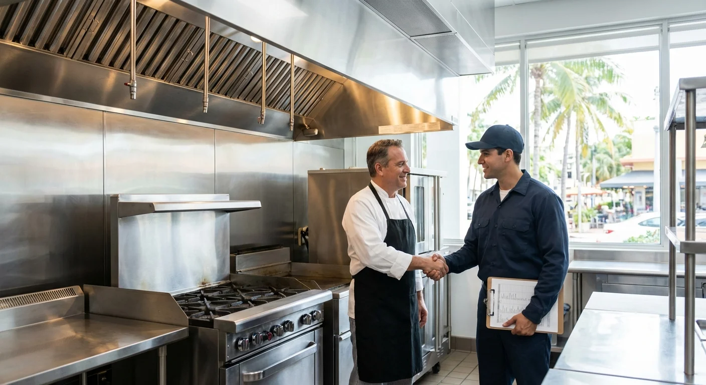 Satisfied restaurant owner with Miami Hood Cleaning Pros professional