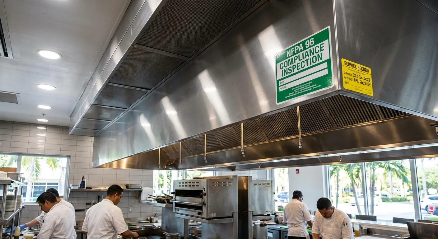 Commercial kitchen hood with compliance inspection sticker