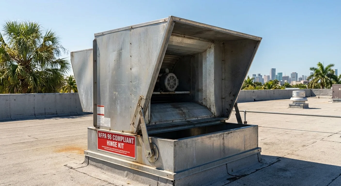 Exhaust fan hinge kit installation on Miami commercial kitchen roof