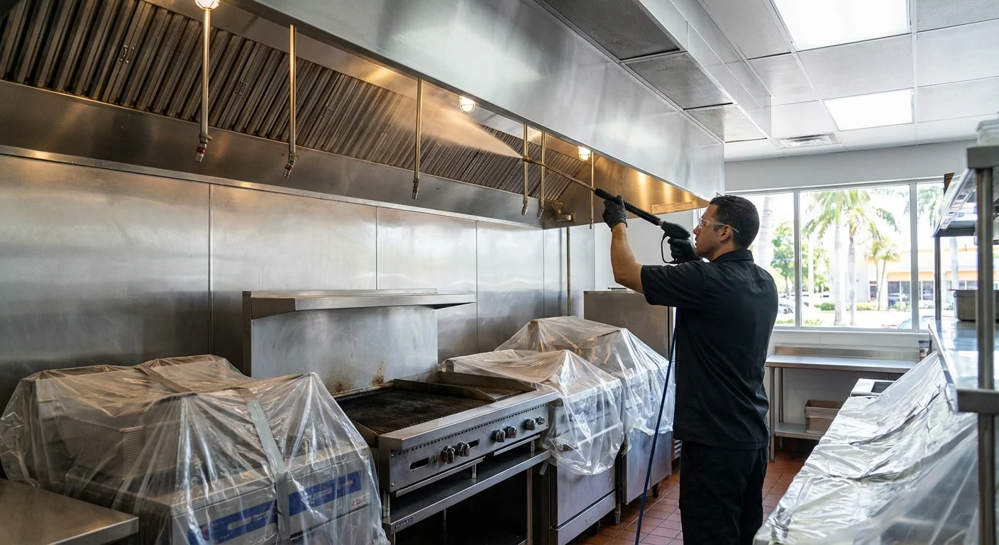 Professional hood cleaning technician servicing a restaurant exhaust system in Miami