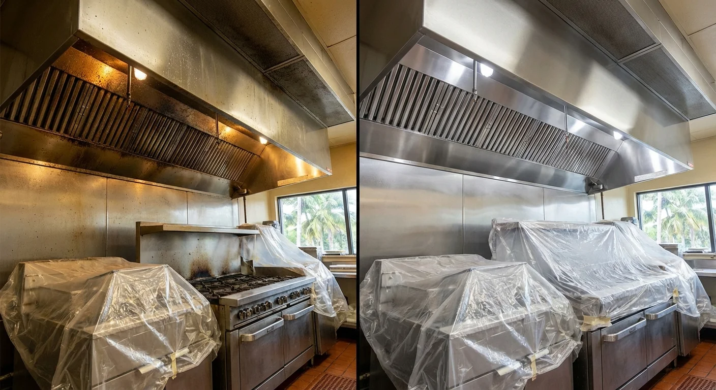Before and after hood cleaning comparison showing grease removal results