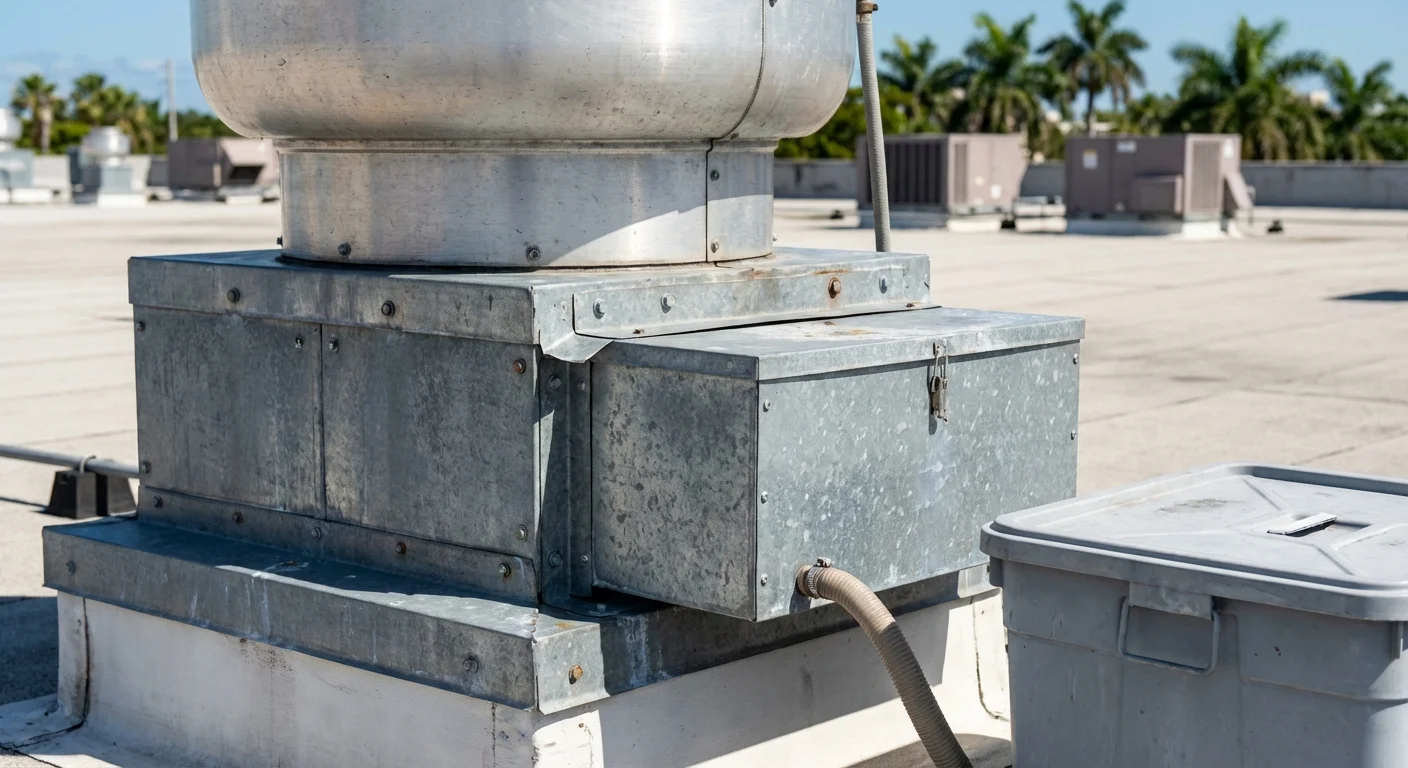 Close up of rooftop grease containment pads on a commercial kitchen fan